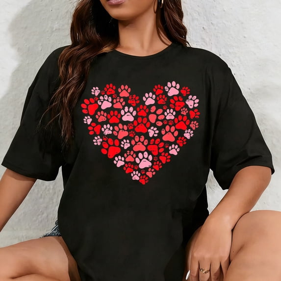 100% Cotton Unisex Valentines Day Dogs Paw Print Heart Pet Dog Lover Owners T-Shirt