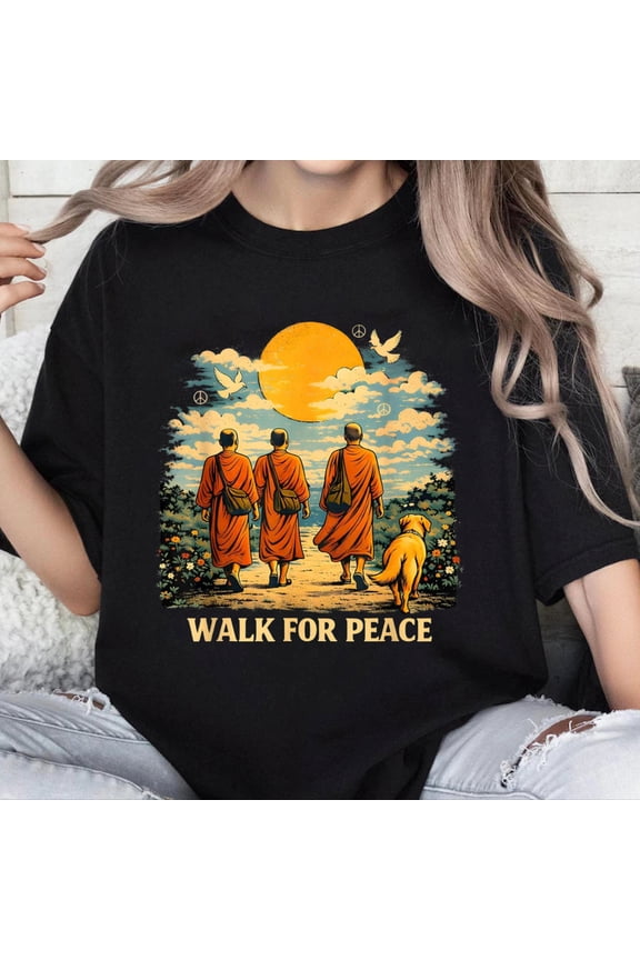 100% Cotton Unisex Walk for Peace Monks Dog Sunset Spiritual Journey T-Shirt