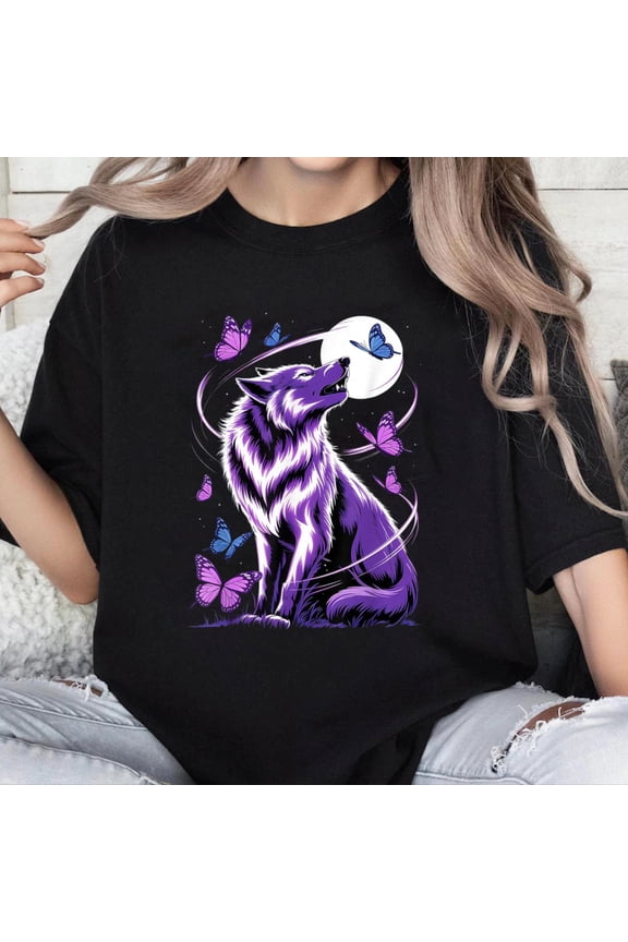 100% Cotton Unisex Wolf Magical Purple Butterfly Wolf Lover T-Shirt