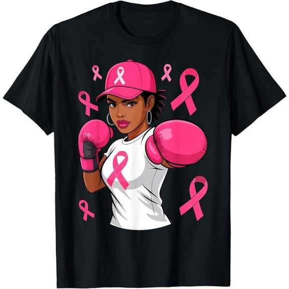 100% Cotton Unisex Women Black African American Fight Breast Cancer Pink Ribbon T-Shirt