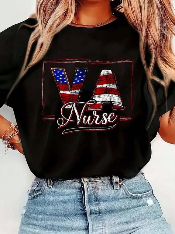 100% Cotton Va Nurse American Heroes Nurse Nurse T-Shirt Print T-Shirt Casual Crew Neck Short Sleeve Comfort Tee Top For Spring & Summer Women's Clothing.Jpg