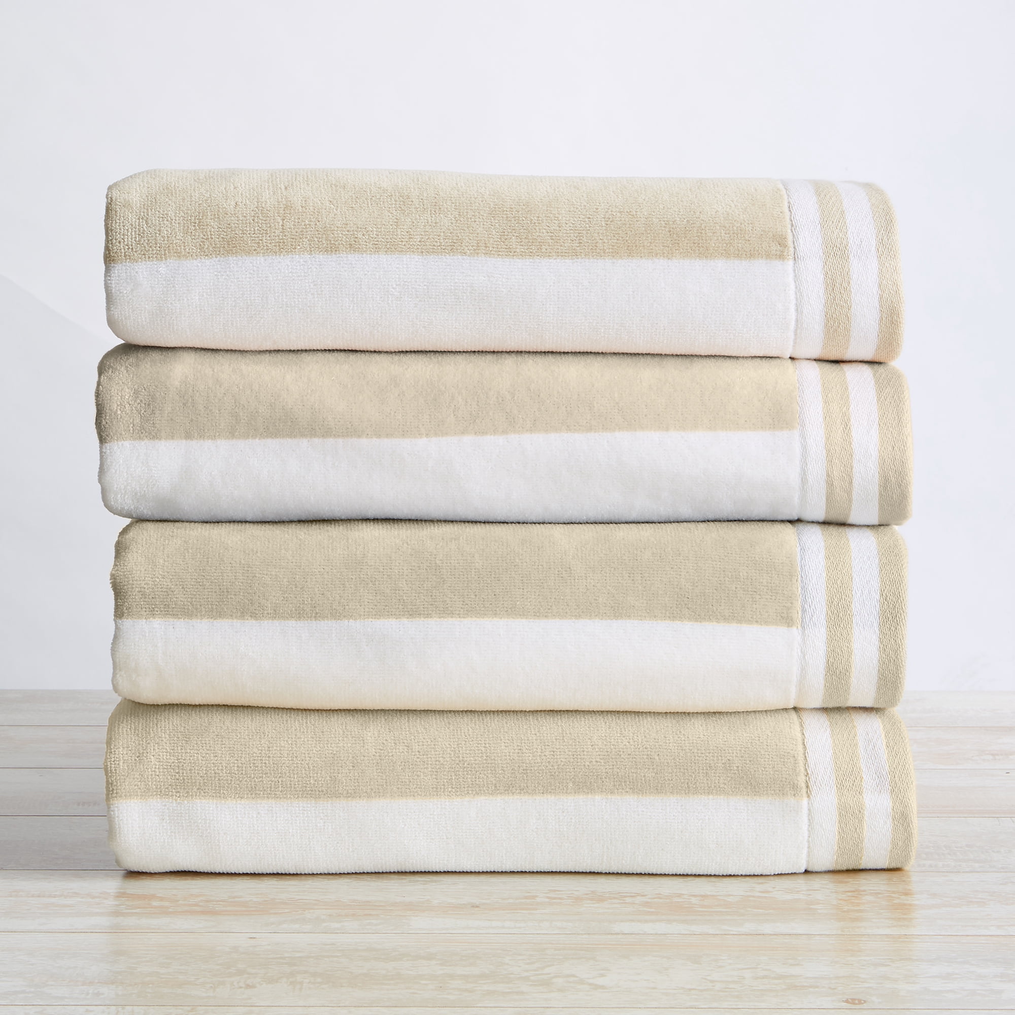 100% Cotton Cabana Stripe 4 Pack Beach & Pool Towels (4 Pack- 30" x 60", Linen)