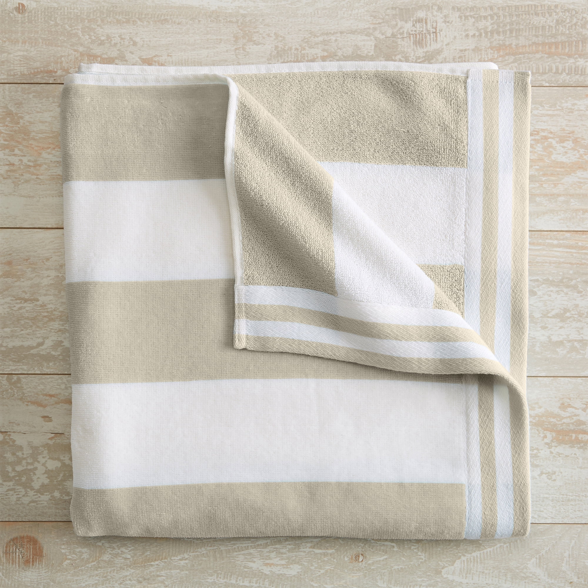 Oversized Beige and White Cotton Cabana Striped Beach Towel