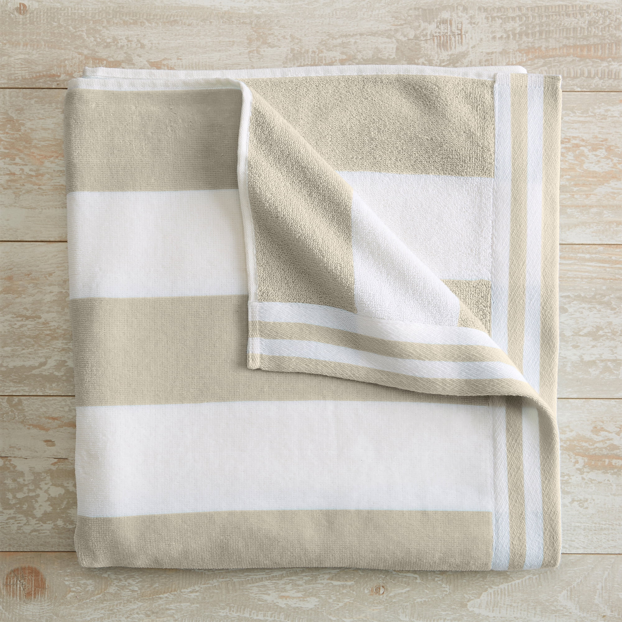 Oversized Beige and White Cotton Cabana Striped Beach Towel
