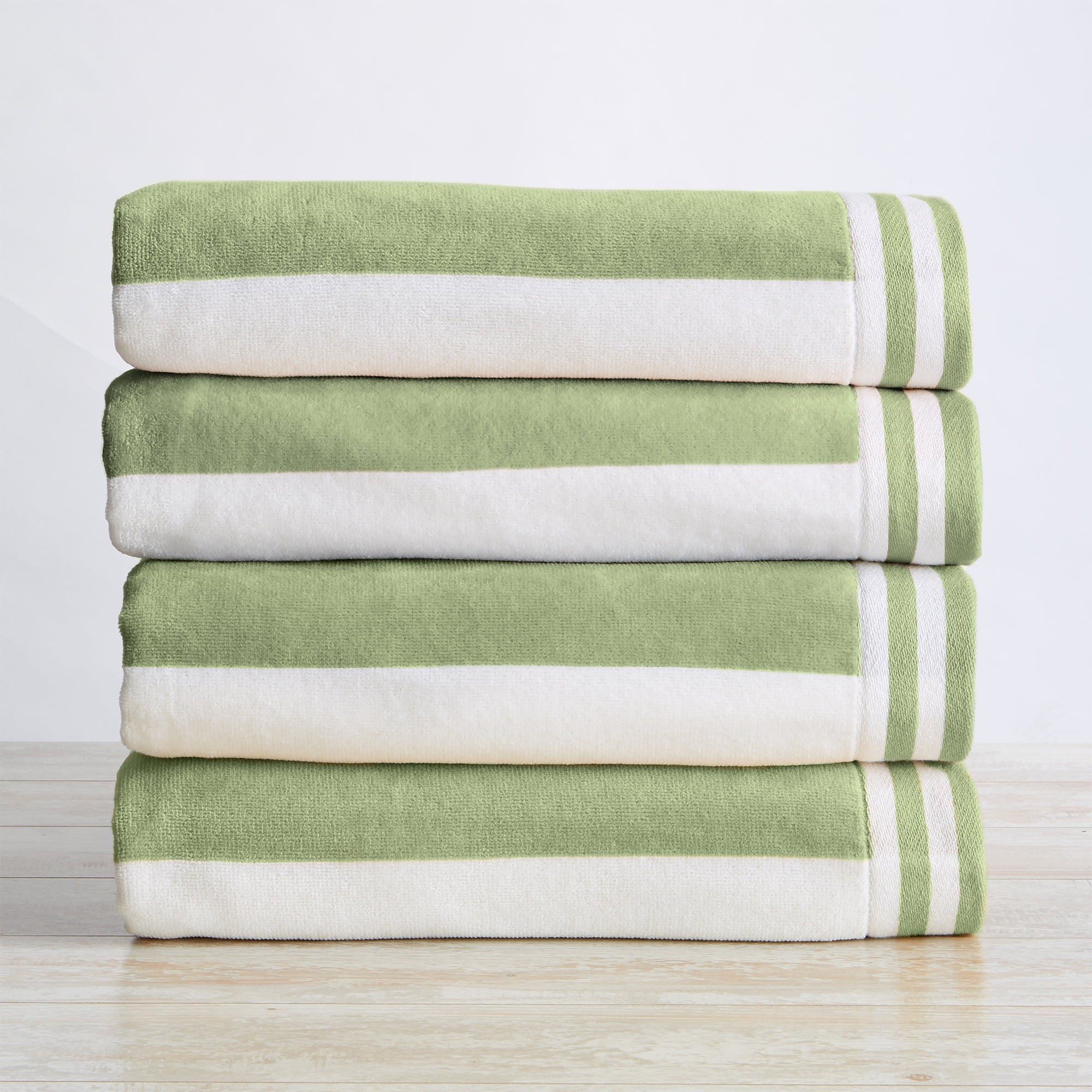 Eucalyptus Green and White Cotton Velour Cabana Stripe Beach Towels, 4 Pack - 35" x 70"