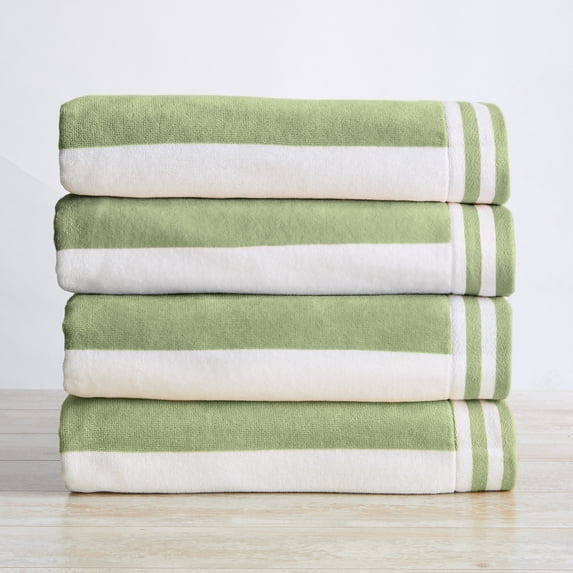 100% Cotton Cabana Stripe Oversized 4 Pack Beach & Pool Towel (4 Pack- 35" x 70", Eucalyptus Green / White)
