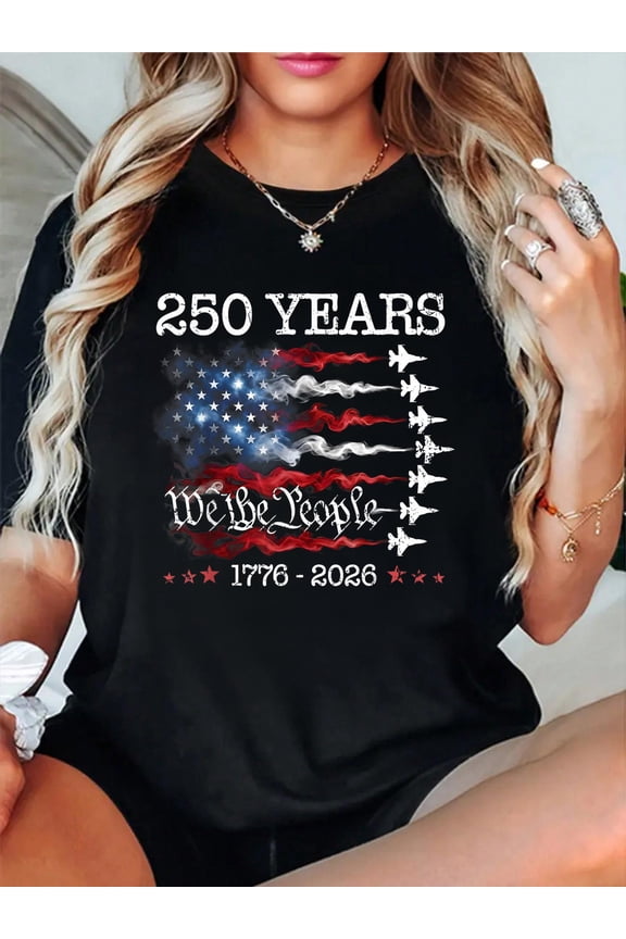 100% Cotton Vintage 250 Years 1776-2026 Flag USA Fighter Jets 4th July T-Shirt