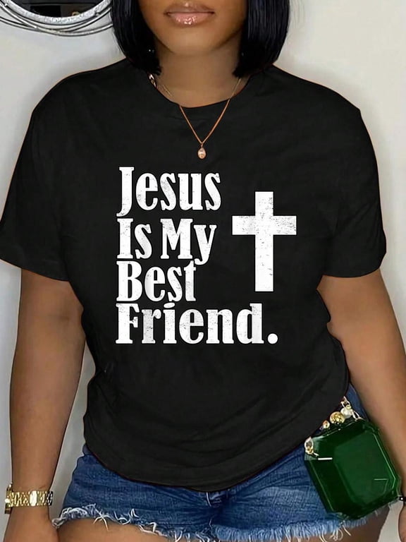 Cotton Vintage Jesus Is My Best Friend Cross Christian Faith T-Shirt Women's Graphic Tee Casual Tops