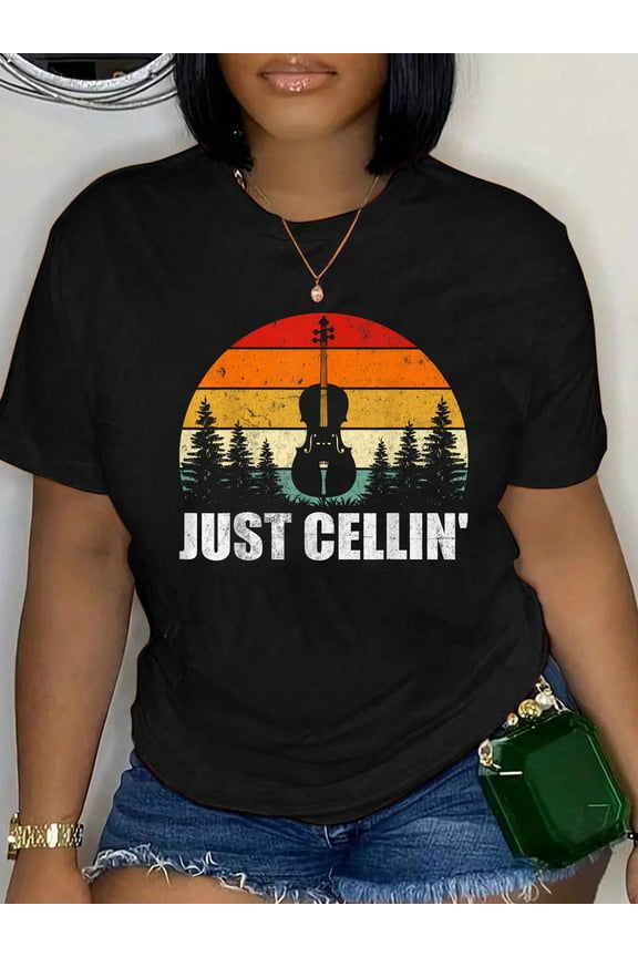 100% Cotton Vintage Just Cellin Orchestra Cellist Musician Cello Player T-Shirt Women's Graphic Tee Casual Tops