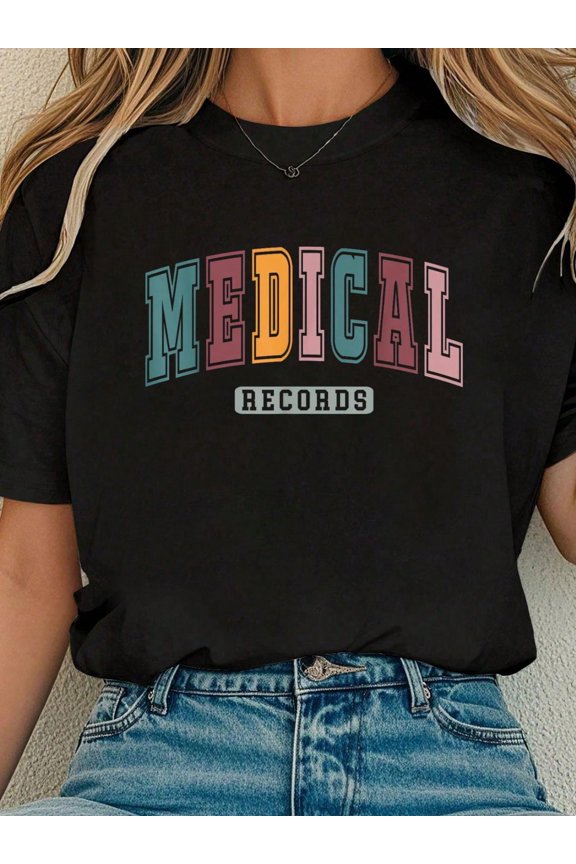 100% Cotton Vintage Medical Records Clerk Director Nursing Graduation T-Shirt Print T-Shirt Casual Crew Neck Short Sleeve Comfort Tee Top For Spring & Summer Women's Clothing