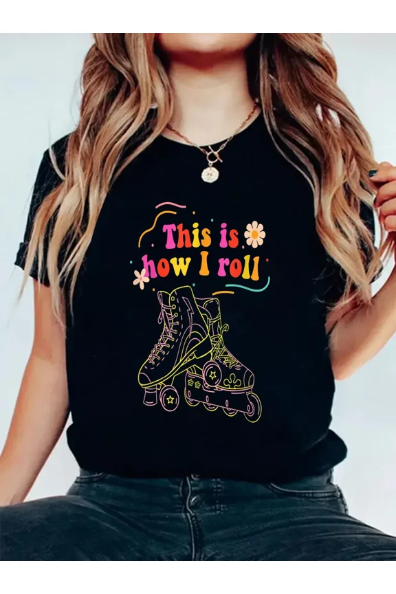 100% Cotton Vintage Rollerblading Inline Skates This Is How I Roll Retro T-Shirt Women's Graphic Tee Casual Tops