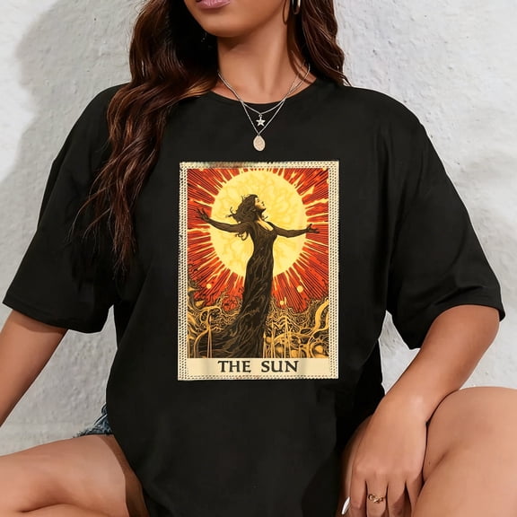 100% Cotton Vintage Tarot Card The Sun T-Shirt - Black, Unisex-Adults, Unisex-Kids, Short Sleeve, Small, Regular Fit, Crew Neck, All Seasons