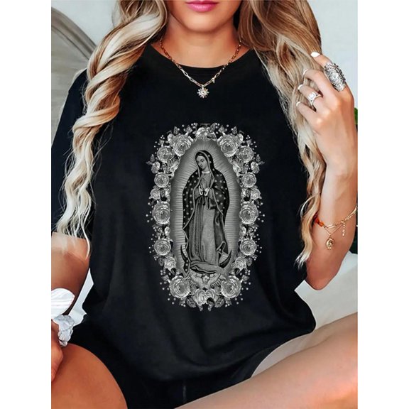 100% Cotton Virgen De Guadalupe Virgin Mary Graphic Tee - 100% Cotton, Crew Neck, Short Sleeve - Casual & Comfy Women's T-Shirt