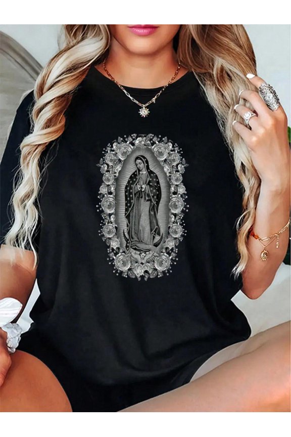 100% Cotton Virgen De Guadalupe Virgin Mary Graphic Tee - 100% Cotton, Crew Neck, Short Sleeve - Casual & Comfy Women's T-Shirt