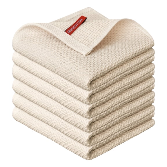 Sm:)e 100% Cotton Waffle Kitchen Dish Towels, Beige, 6 Pack Soft Absorbent Quick Dry Kitchen Cleaning Towels 12x12 Inch