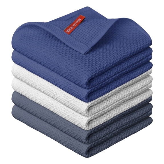 Sm:)e 100% Cotton Waffle Dishcloth, Nave Blue and Grey, 6 Pack Soft Absorbent Quick Dry Kitchen Cleaning Towels 12x12 Inch