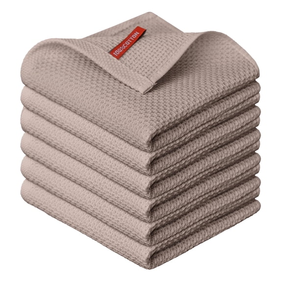 Sm:)e 100% Cotton Waffle Kitchen Dish Towels, Tan, 6 Pack Soft Absorbent Quick Dry Kitchen Cleaning Towels 12x12 Inch