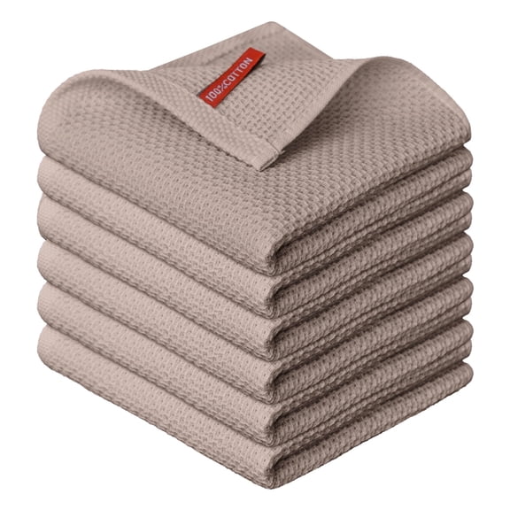Sm:)e 100% Cotton Waffle Kitchen Dish Towels, Tan, 6 Pack Soft Absorbent Quick Dry Kitchen Cleaning Towels 12x12 Inch