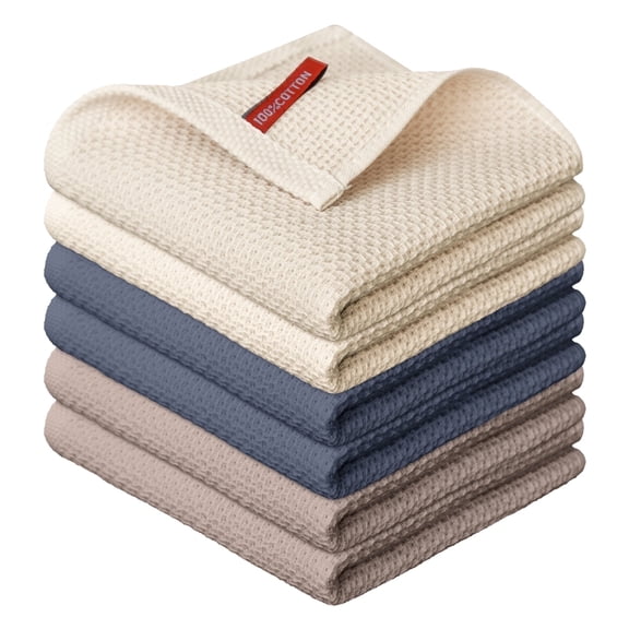 Sm:)e 100% Cotton Waffle Kitchen Dish Towels, Tan and Beige, 6 Pack Soft Absorbent Quick Dry Kitchen Cleaning Towels 12x12 Inch