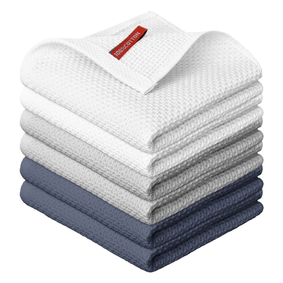 Sm:)e 100% Cotton Waffle Kitchen Dish Towels, White and Grey, 6 Pack Soft Absorbent Quick Dry Kitchen Cleaning Towels 12x12 Inch