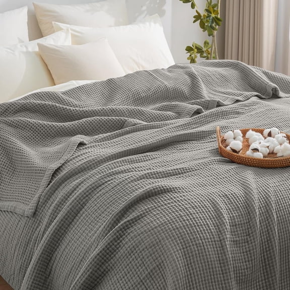 100% Cotton Waffle & Muslin Blanket Queen Size, Soft Breathable Luxury 400GSM Versatile Reversible Bedding for Bed, Great for Layering in Cold Weather, Home Decor Gift, 90" x 90", Frosted Grey