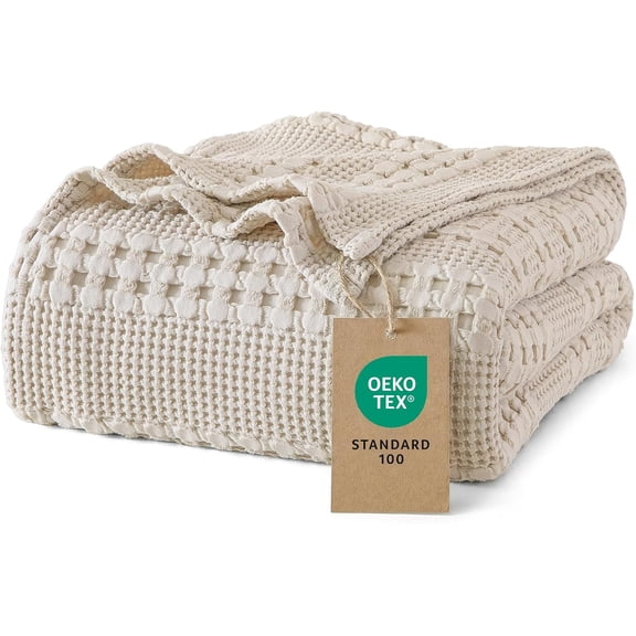100% Cotton Waffle Weave Blanket Queen Size for Bed, Soft Lightweight & Breathable for Spring and Summer, All-Season Comfort, Luxury Aesthetic Blanket for Home Decor, 90"x90", Light Taupe/Oatmeal