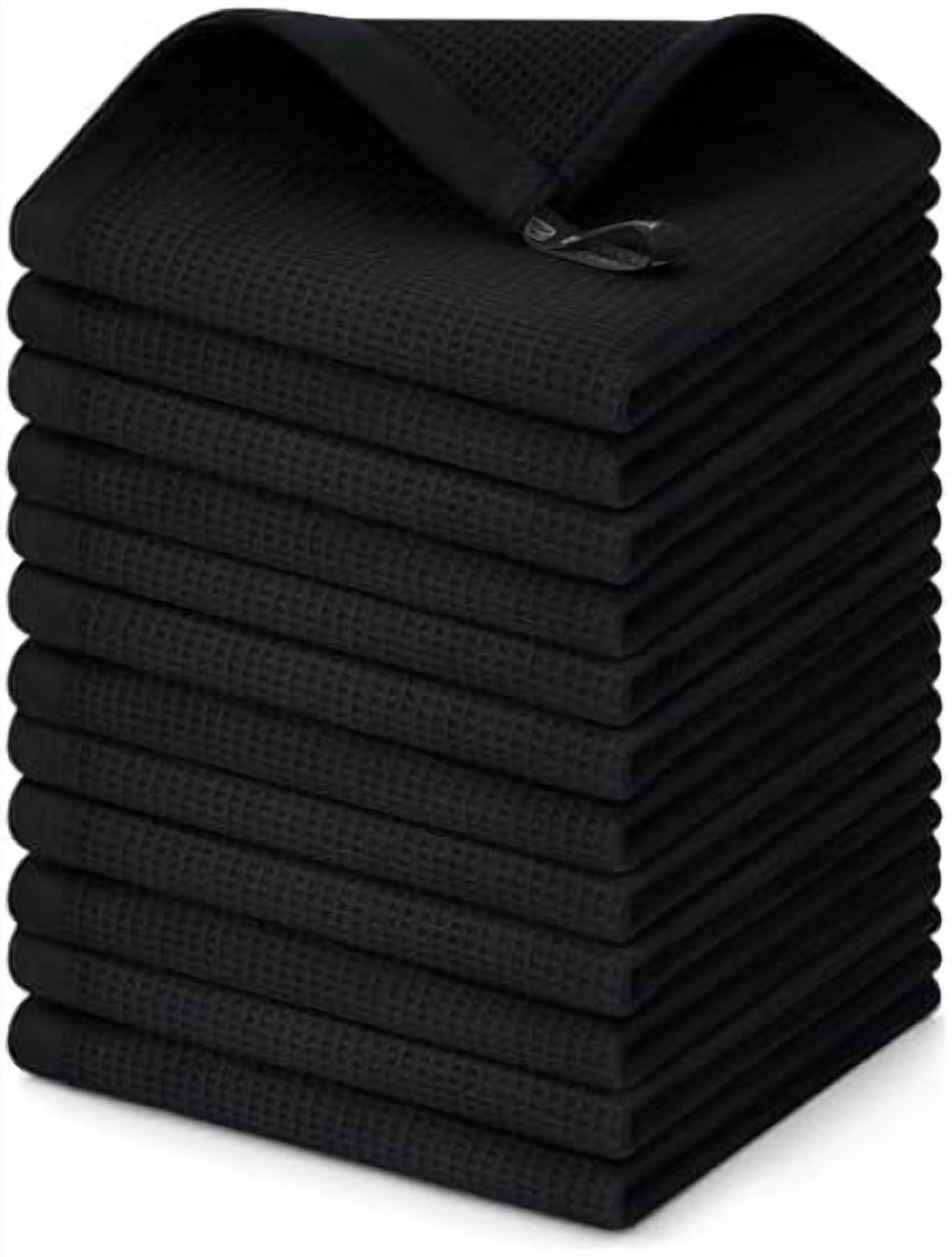 100% Cotton Waffle Weave Dish Cloths - 12 Pack Soft and Absorbent Dish Towels - 12 x 12 Inches Quick Dry Dish Rags - Black