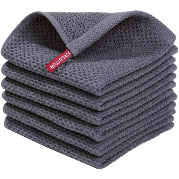 100% Cotton Waffle Weave Dish Cloths, 6-Pack, 12 x 12 Inches, Dark Grey, Ultra Soft Absorbent Quick Drying Kitchen Dish Towels