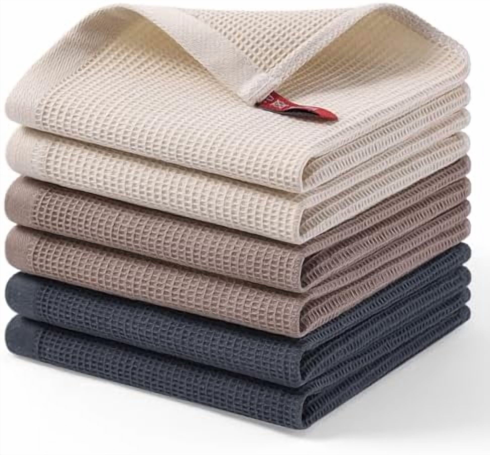 100% Cotton Waffle Weave Dish Cloths - 6 Pack Soft and Absorbent Dish Towels - 12 x 12 Inches Quick Dry Dish Rags - Beige/Dark Grey/Brown