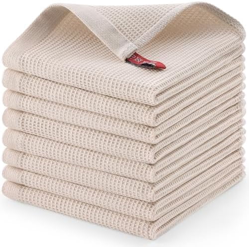 100% Cotton Waffle Weave Dish Cloths - 8 Pack Soft and Absorbent Dish Towels - 12 x 12 Inches Quick Dry Dish Rags - Beige
