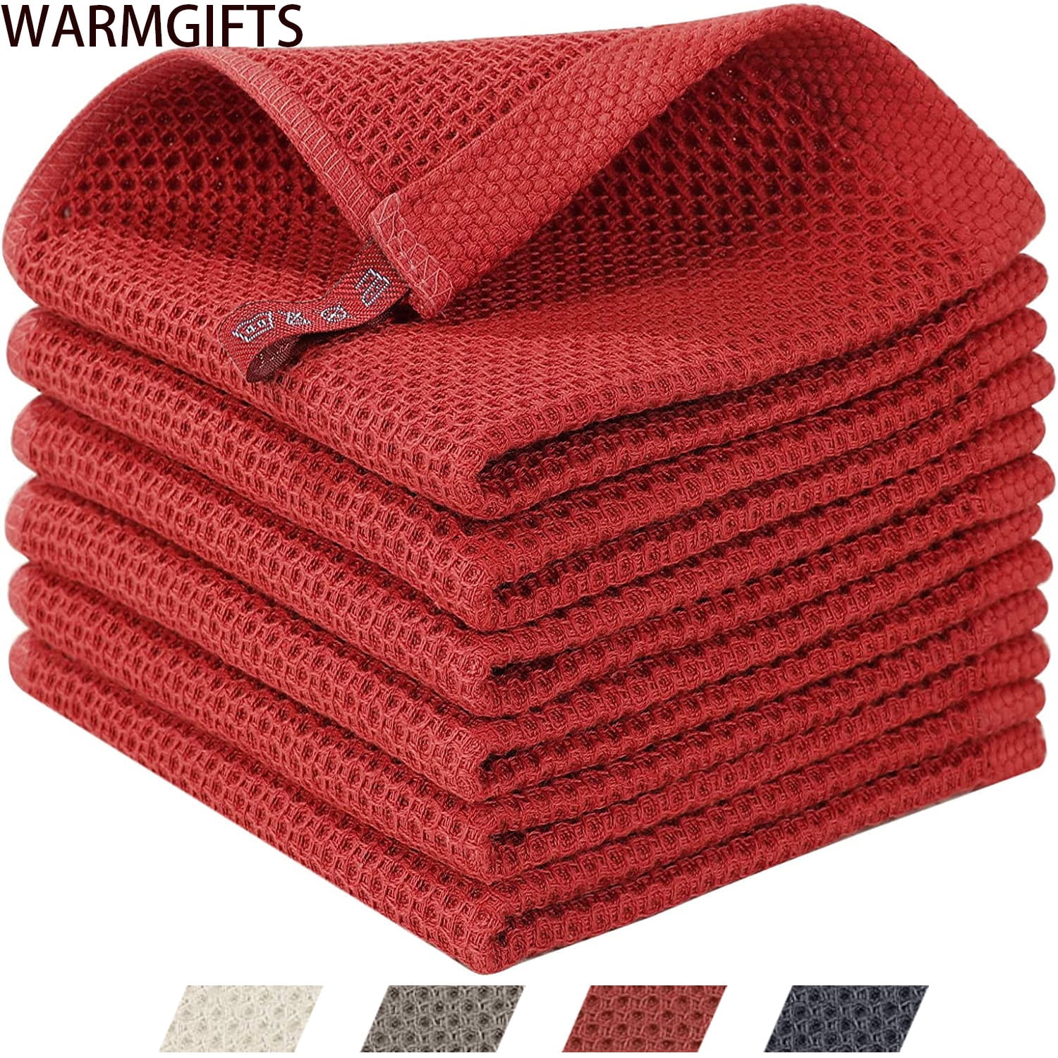 Evlmd Kitchen Towels，6-Pack Dish Towels 100% Cotton Waffle Weave Ultra Soft Absorbent Quick Drying Dish Rags，Dish Cloths， Dishcloths Sets，Tea Dowels for Kitchen，Bar Towels,12x12 Inches,Red