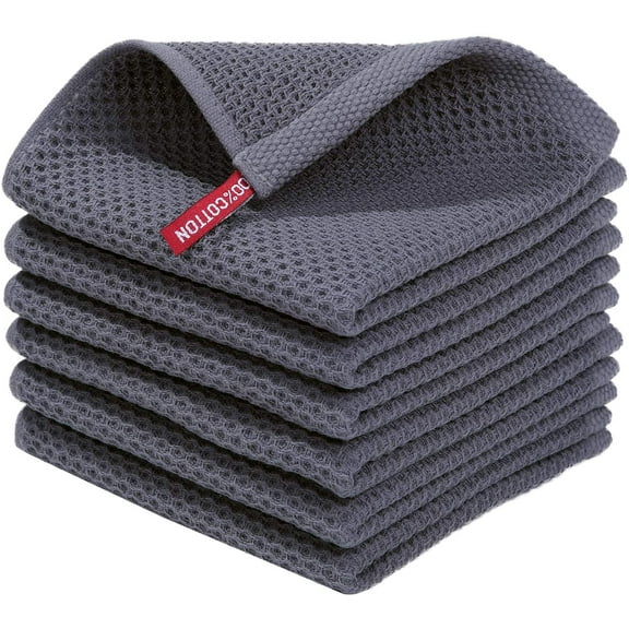 100% Cotton Waffle Weave Kitchen Dish Cloths, Ultra Soft Absorbent Quick Drying Dish Towels, 12 x 12 Inches, 6-Pack, Dark Grey