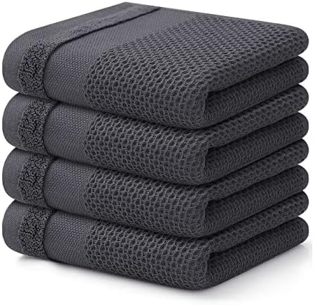 100% Cotton Waffle Weave Kitchen Towels, 13 x 28 Inches Super Absorbent and Machine Washable Dish Towels for Drying Dishes, 4-Packs, Dark Grey