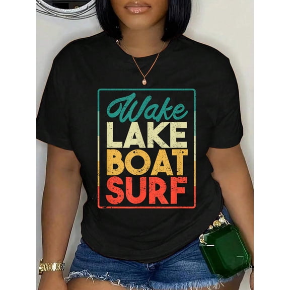 100% Cotton Wake Lake Boat Surf Funny Wakesurf Board Surfing Surfer T-Shirt Women's Men's Graphic Tee Casual Tops