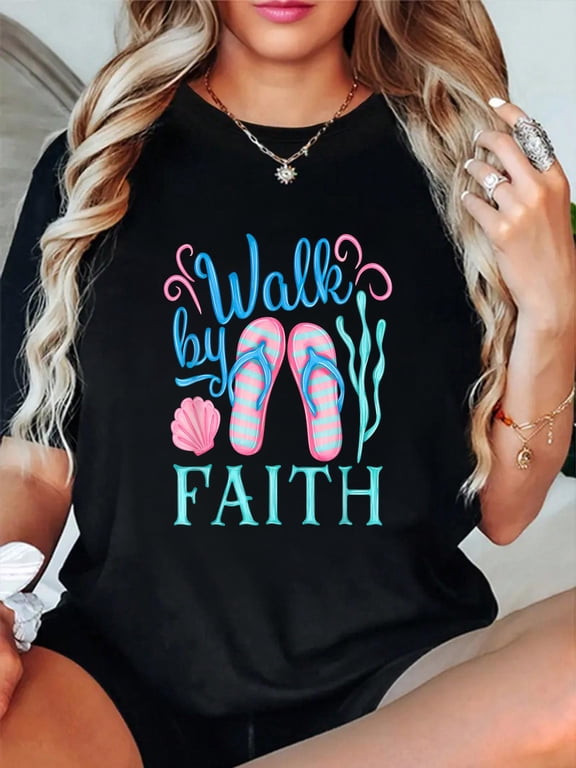 100% Cotton Walk By Faith Beach Summer Seaweed Flip Flops Shells Men Women Kids T-Shirt Women's Graphic Tee Casual Tops