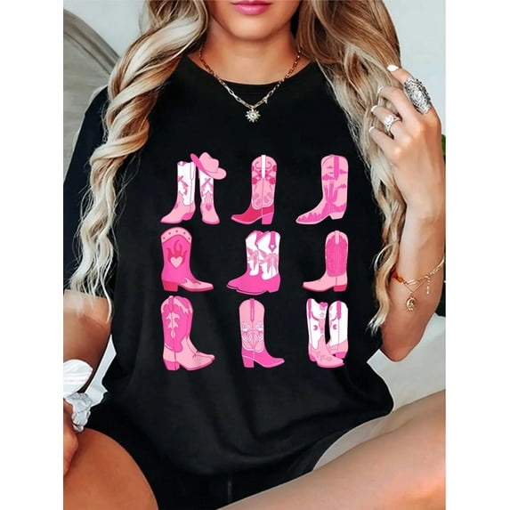 100% Cotton Western Country Rodeo Pink Cowboy Cowgirl Boots T-Shirt