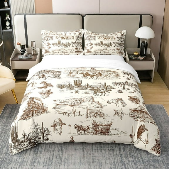 YST 100% Cotton Western Cowboy King Duvet Cover American Wild West Desert Bedding Set for Boys Men Youth, Hand Drawn Sketch Illustration Comforter Cover Rustic Country Western Bedspread Cover