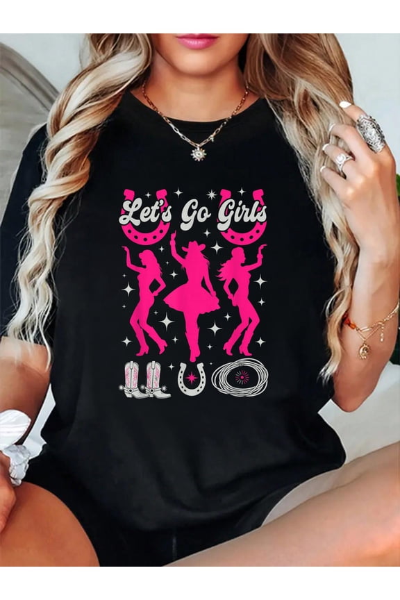 100% Cotton Western Cowgirl Rodeo Theme Let's Go Girls Country Ranch T-Shirt Print Round Neck Cotton T-Shirt, Summer Women's Tops, gift
