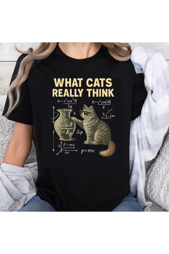 100% Cotton What Cats Really Think Physics Cat Science Humor T-Shirt Funny Animal Lover Gift for Cat Enthusiasts