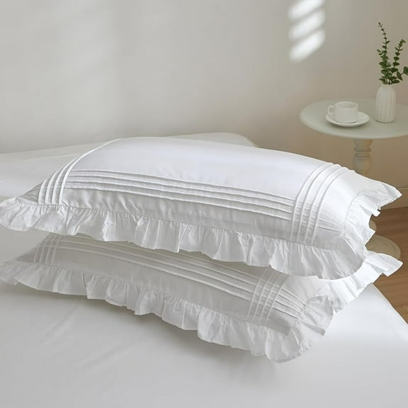 100% Cotton White Pillow Shams with Ruffles and Pintucks, Set of 2, Chic Bright Farmhouse Pillowcase, Romantic French Decorative Pillow Cover (White, King)
