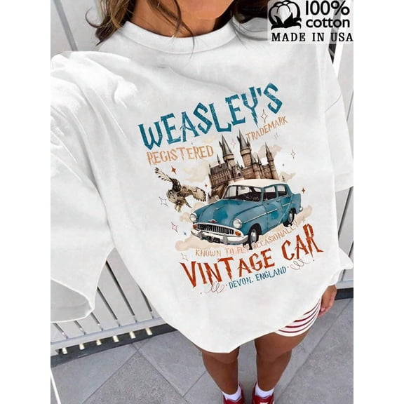 100%Cotton Wizard Flying Car Shirt, Vintage Style Weasley Car Tee, Bookish Wizard Shirt, Universal Fan Tshirt, ,Round Neck Short Sleeve Women's T-Shirt,Women's Tops