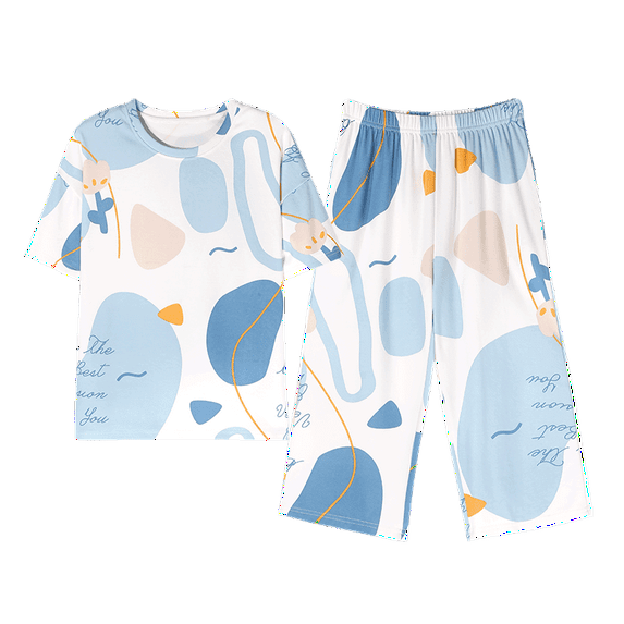 100% Cotton Women Capri Pajama Set 2 Pcs Short Sleeve Top Capris pants Sleepwear