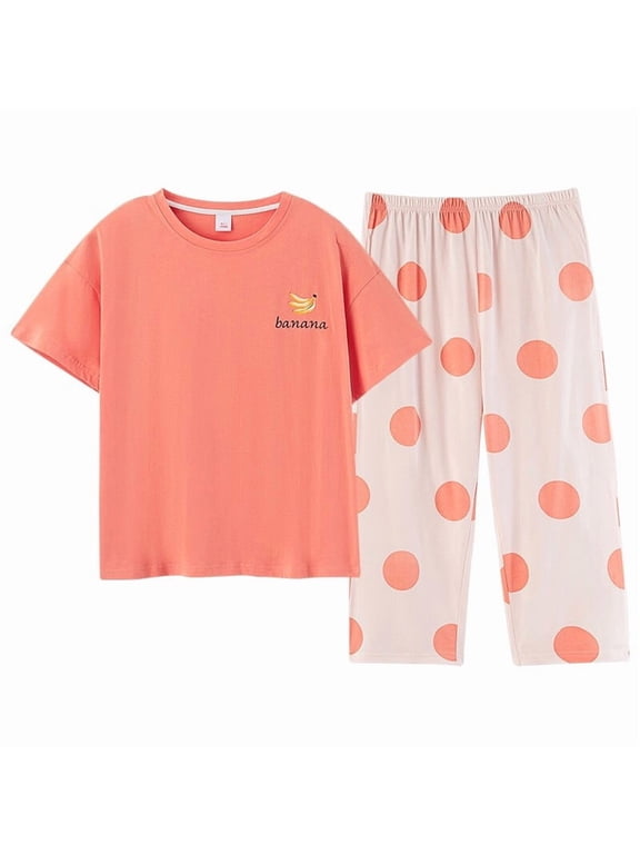 100% Cotton Women Capri Pajama Set 2 Pcs Short Sleeve Top Capris pants Sleepwear