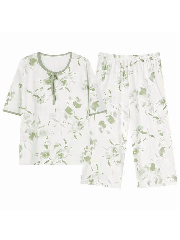 100% Cotton Women Capri Pajama Set 2 Pcs Short Sleeve Top Capris pants Sleepwear