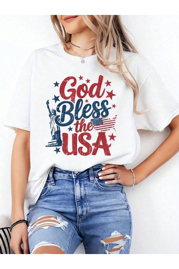 100% Cotton Women T-Shirt White God Bless America Land That I Love USA Flag 4th Of July T-Shirt