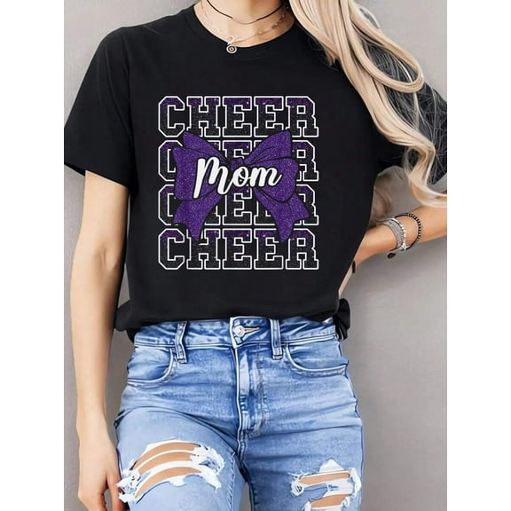 100% Cotton Women Tshirt Cheer Mom Mama Bow Sport Cheerleader Cheerleading Purple T-Shirt