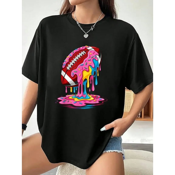 100% Cotton Women Tshirt Ice Cream Drip Football Sprinkles Football Drip T-Shirt