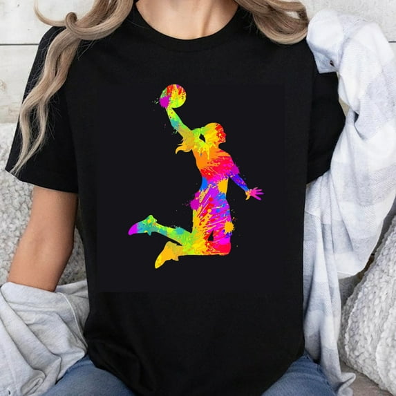 100% Cotton Women's Basketball Player Tie Dye Jump Shot Graphic T-Shirt Sporty Casual Wear for Girls and Teens Fun Colorful Design