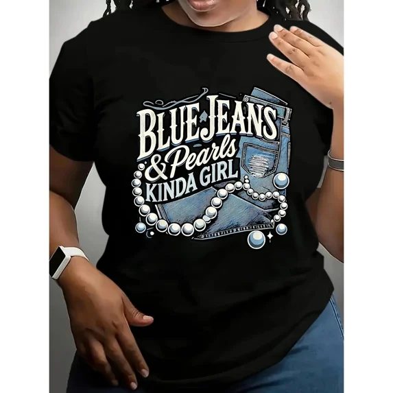 100% Cotton Women's Blue Jeans & Pearls Graphic T-Shirt Cotton Casual Short Sleeve Round Neck Top with Geometric Design for Spring/Summer Daily Wear Everyday Comf Golf Gift T-Shirts For Men and Women