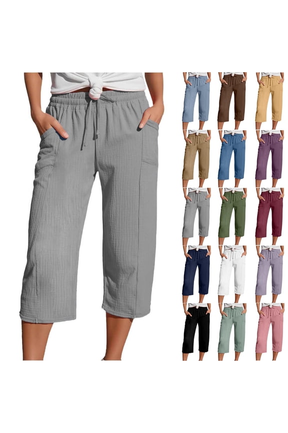 100%Cotton Women's Capri Pants Summer Athletic Casual Drawstring Solid Color Elastic Waisted Workout Straight Leg Sweatpants With Pockets